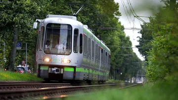 Ein T W 2000 fährt mit leuchtenden Scheinwerfen. In der Zielanzeige steht Dienstwagen. Neben den Gleisen sind viele Grüne Bäume und Büsche.