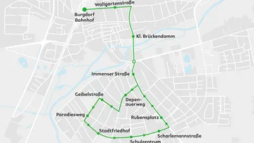 Ein Kartenausschnitt von Burgdorf. Der Linienweg von albus ist in grün verzeichnet.