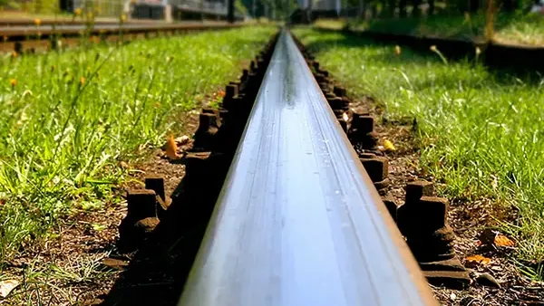 Nahaufnahme einer Stadtbahnschiene umgeben von Rasen