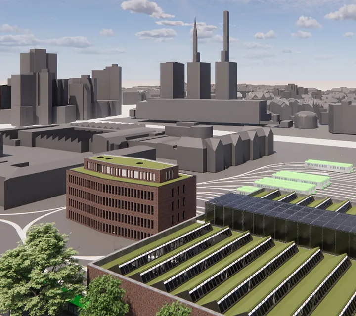 Ein 3D Modell, wie der Neubau auf Glocksee aussehen soll. Im Vordergrund ist ein großes und breites Gebäude mit vielen Glasflächen auf dem Dach. Dahinter ist ein schmales sechseckiges Gebäude mit vielen Fenstern und fünf Etagen. Im Hintergrund ist schematisch die Umgebung dargestellt mit Stadtbahnen, weiteren Gebäuden, Ihmezentrum und den drei warmen Brüdern.