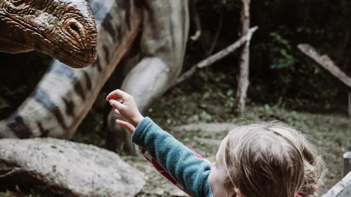 Ein Mädchen streckt seine Hand nach dem Kopf eines Dinosauriers aus.