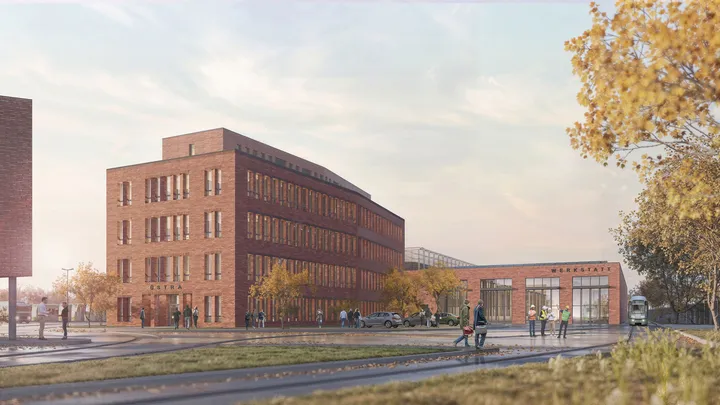 Es ist die Visualierung eines 5-stöckigen Backsteingebäudes, welches auf dem Stadtbahnbetiebshof Glocksee entstehen soll.