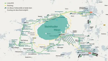 Übersichtskarte der Fahrradbus-Linie 835 rund um das Steinhuder Meer mit allen Haltestellen.