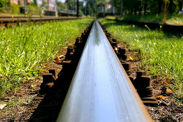 Nahaufnahme einer Stadtbahnschiene umgeben von Rasen